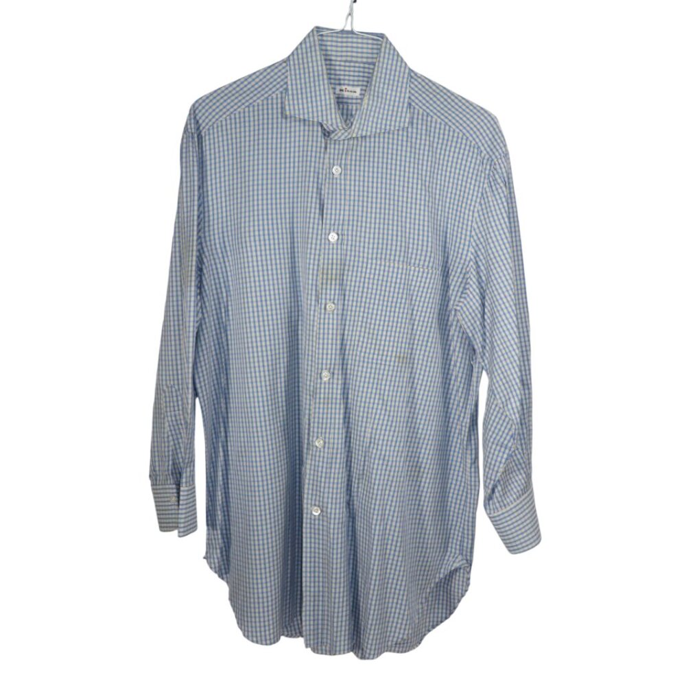 Kiton Gingham Patterned Blue and White Button Up